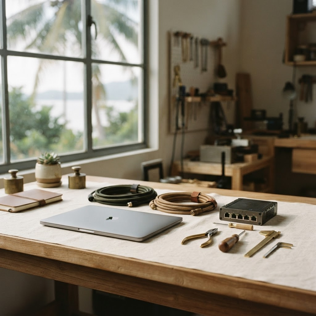 A calm workbench in Kota Kinabalu with a laptop, marine-grade cabling and precision tools